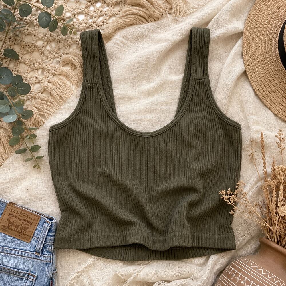 Anemone Olive/Charcoal Ribbed Crop Tank One Size